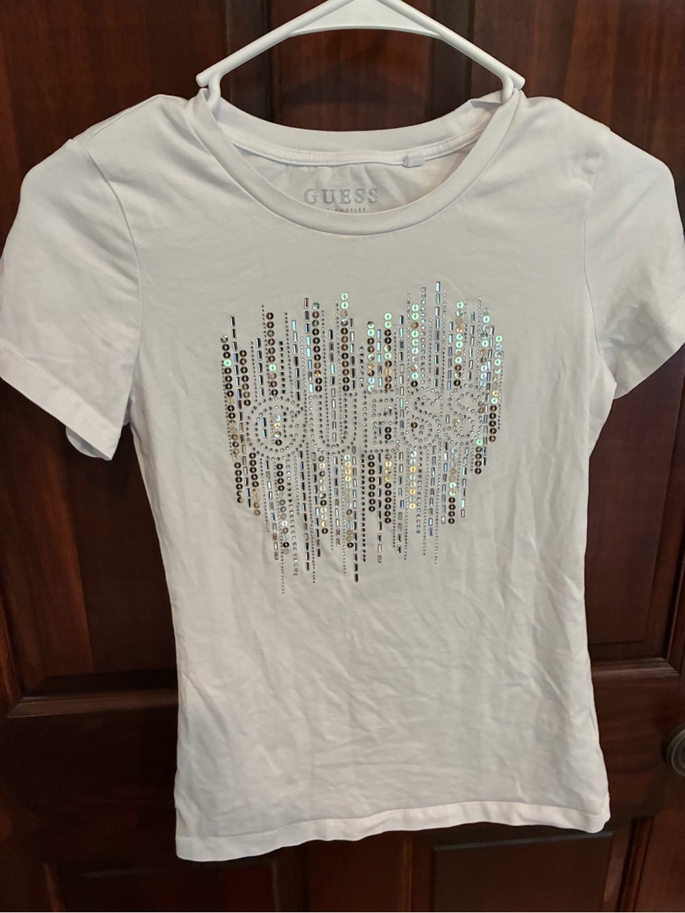 GUESS White Short Sleeve Tee with Iridescent Sequin Heart Logo